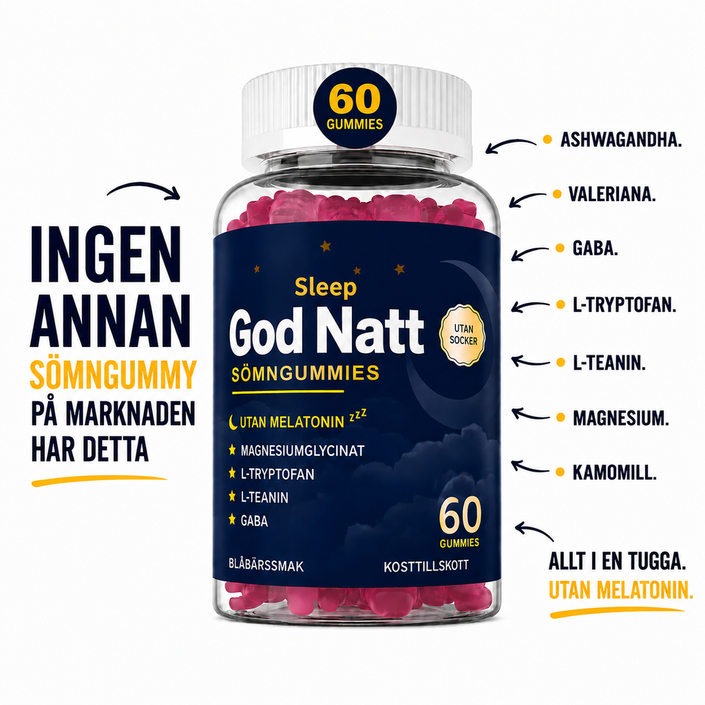 God Natt - Snabbverkande nattformula, Magnesium, GABA & L-Tryptofan, Kamomill, Ashwagandha - 60 Sockerfria gummies