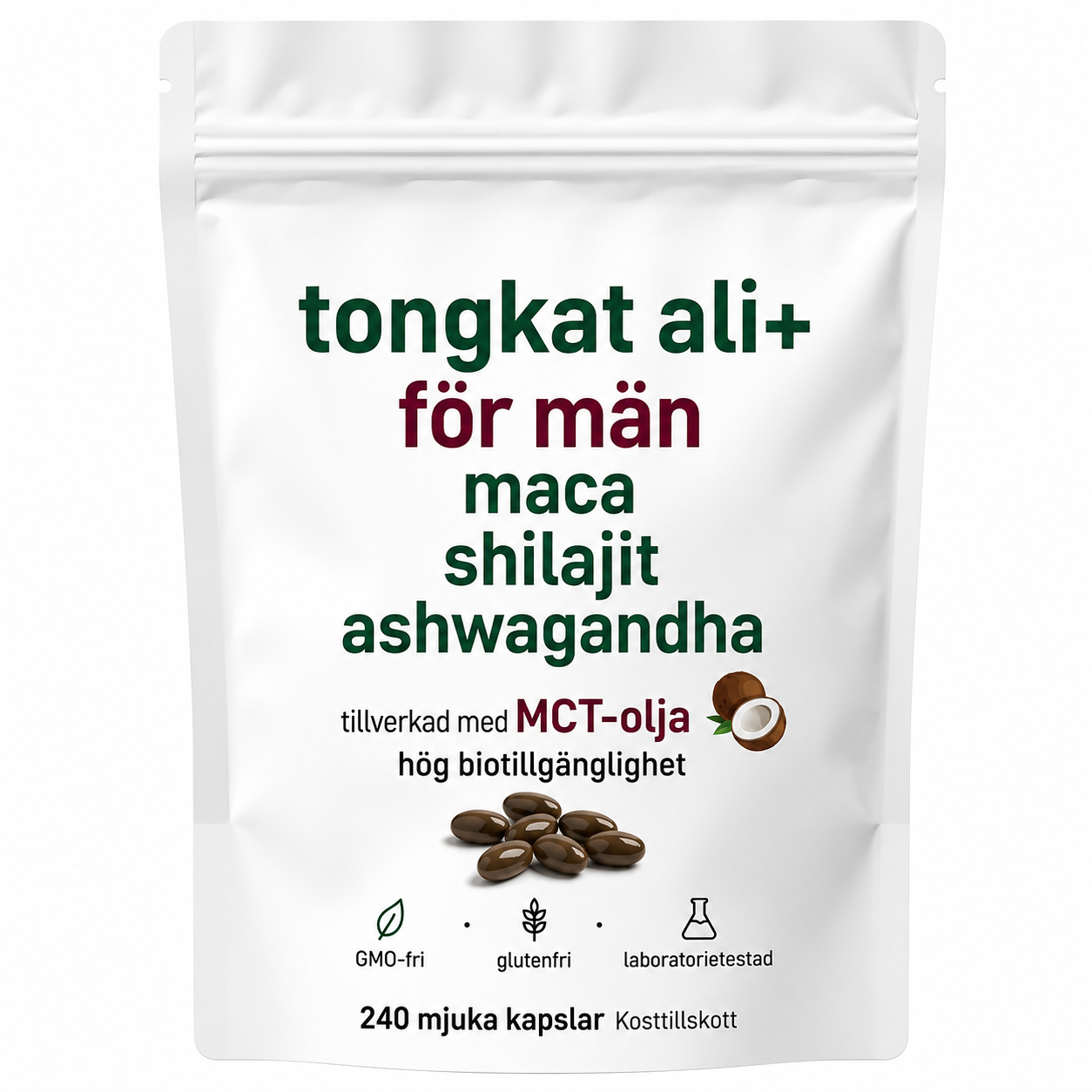 Tongkat Ali+ För Män – MCT-olja, Maca, Ashwagandha & Shilajit | 240 Softgels