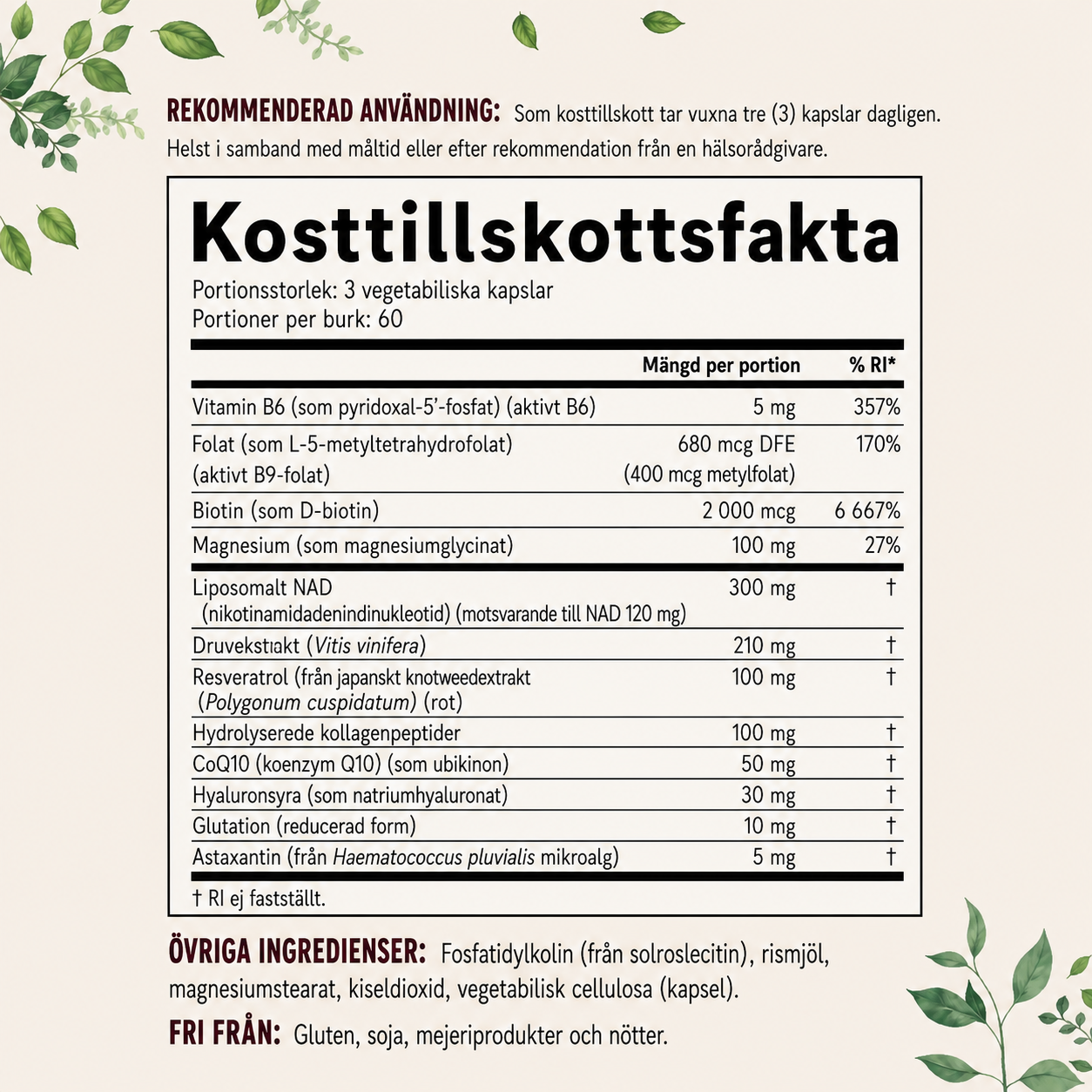 NAD+ 300 mg Komplex med Resveratrol 180 Kapslar