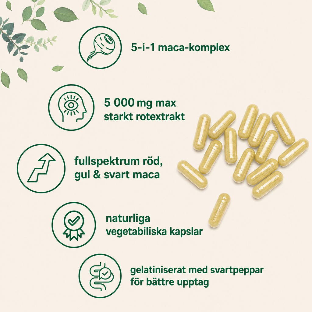 Maca 5000 mg – 240 Veganska Kapslar | Ashwagandha, Ginseng & Tongkat Ali