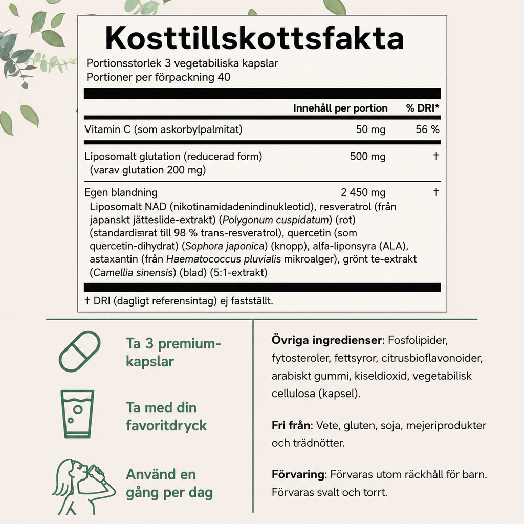 Liposomalt Glutationkomplex 3000 mg – NAD+, Resveratrol, Quercetin & ALA | 120 Vegetabiliska Kapslar