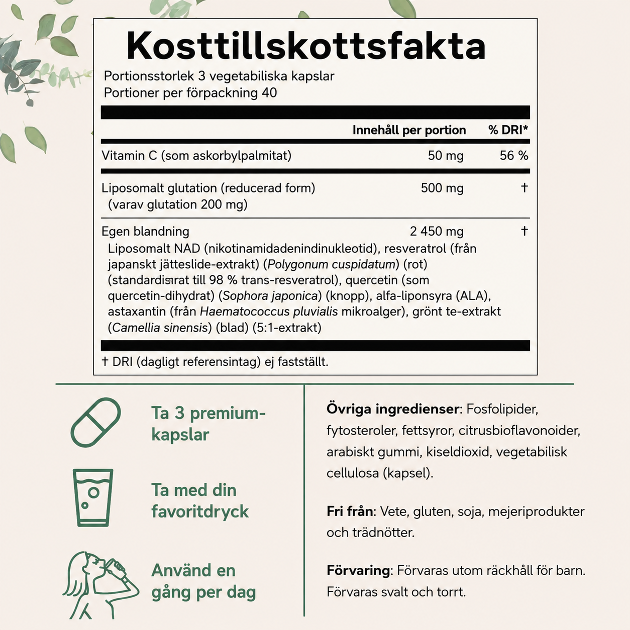 Liposomalt Glutationkomplex 3000 mg – NAD+, Resveratrol, Quercetin & ALA | 120 Vegetabiliska Kapslar