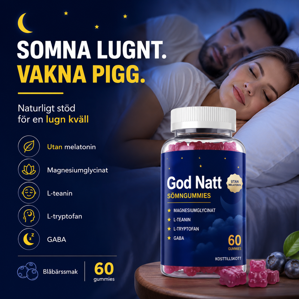 God Natt - Snabbverkande nattformula, Magnesium, GABA & L-Tryptofan, Kamomill, Ashwagandha - 60 Sockerfria gummies
