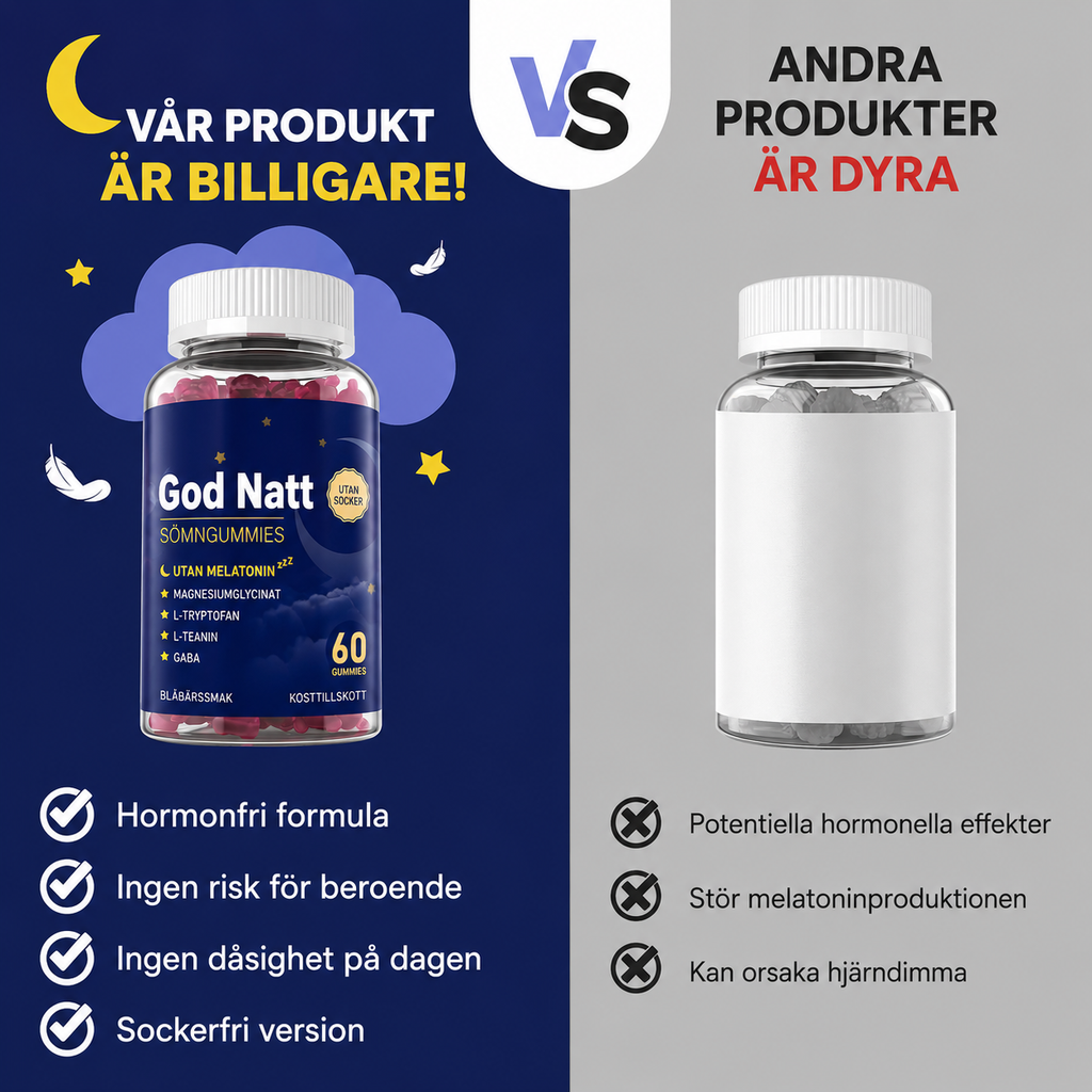 God Natt - Snabbverkande nattformula, Magnesium, GABA & L-Tryptofan, Kamomill, Ashwagandha - 60 Sockerfria gummies