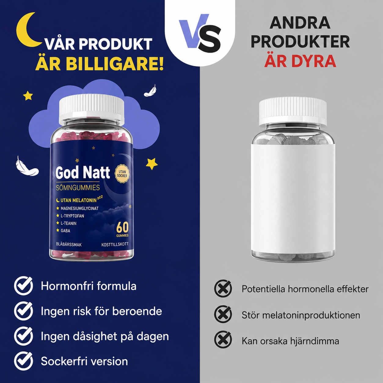 God Natt - Snabbverkande nattformula, Magnesium, GABA & L-Tryptofan, Kamomill, Ashwagandha - 60 Sockerfria gummies