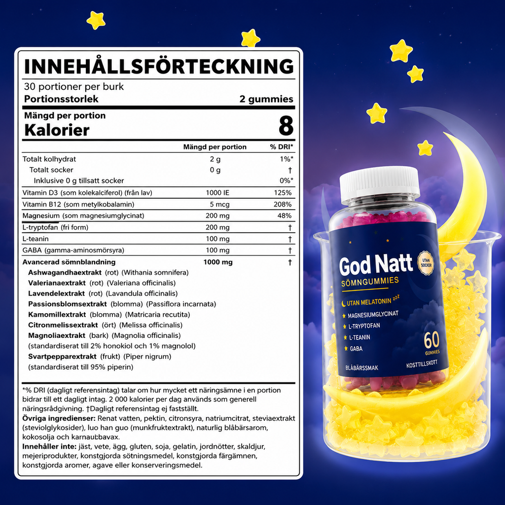 God Natt - Snabbverkande nattformula, Magnesium, GABA & L-Tryptofan, Kamomill, Ashwagandha - 60 Sockerfria gummies