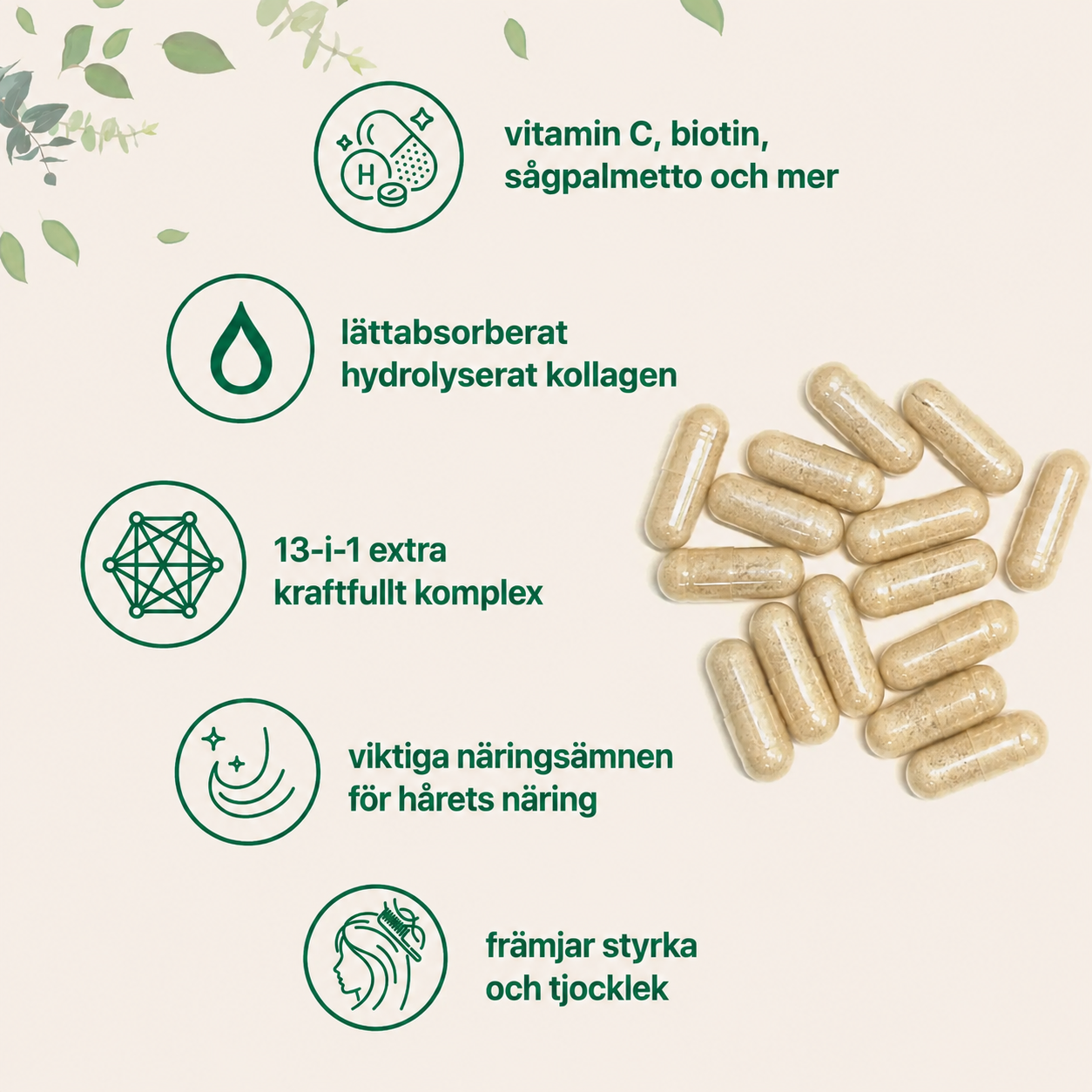 Hårvitaminer Komplex – 13-i-1 Formula med Biotin, Kollagen & Keratin | 120 Kapslar