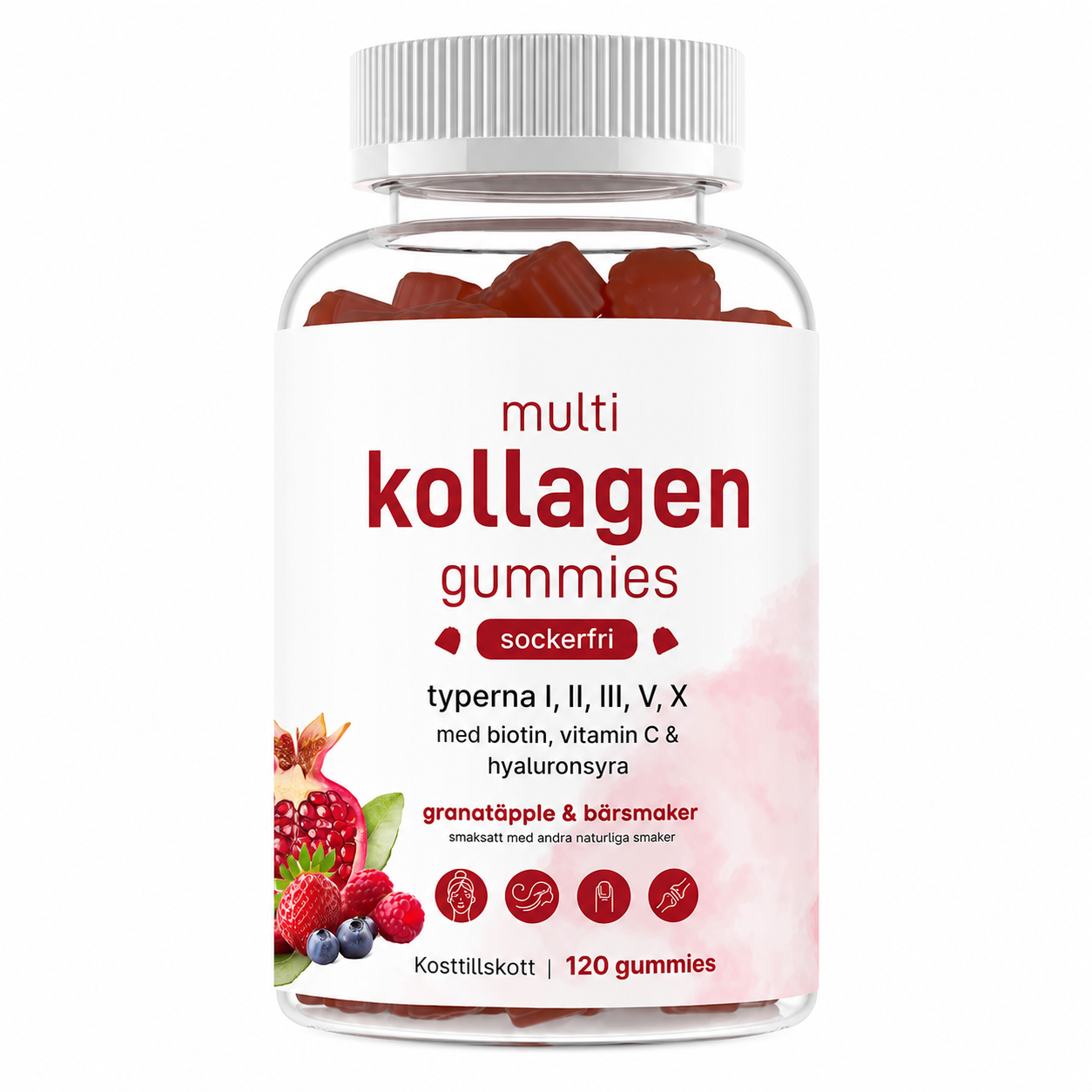 Multi Kollagen Gummies 120 st – Typ I, II, III, V & X med Biotin, Hyaluronsyra & Vitamin C