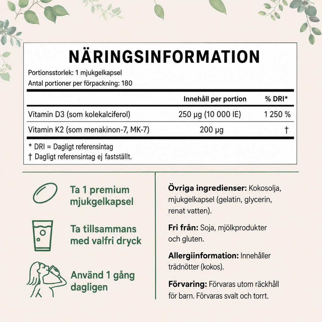 Vitamin D3 + K2 MK-7 Extra Styrka – 10 000 IE D3 & 200 µg K2 – 180 Mjukgelkapslar