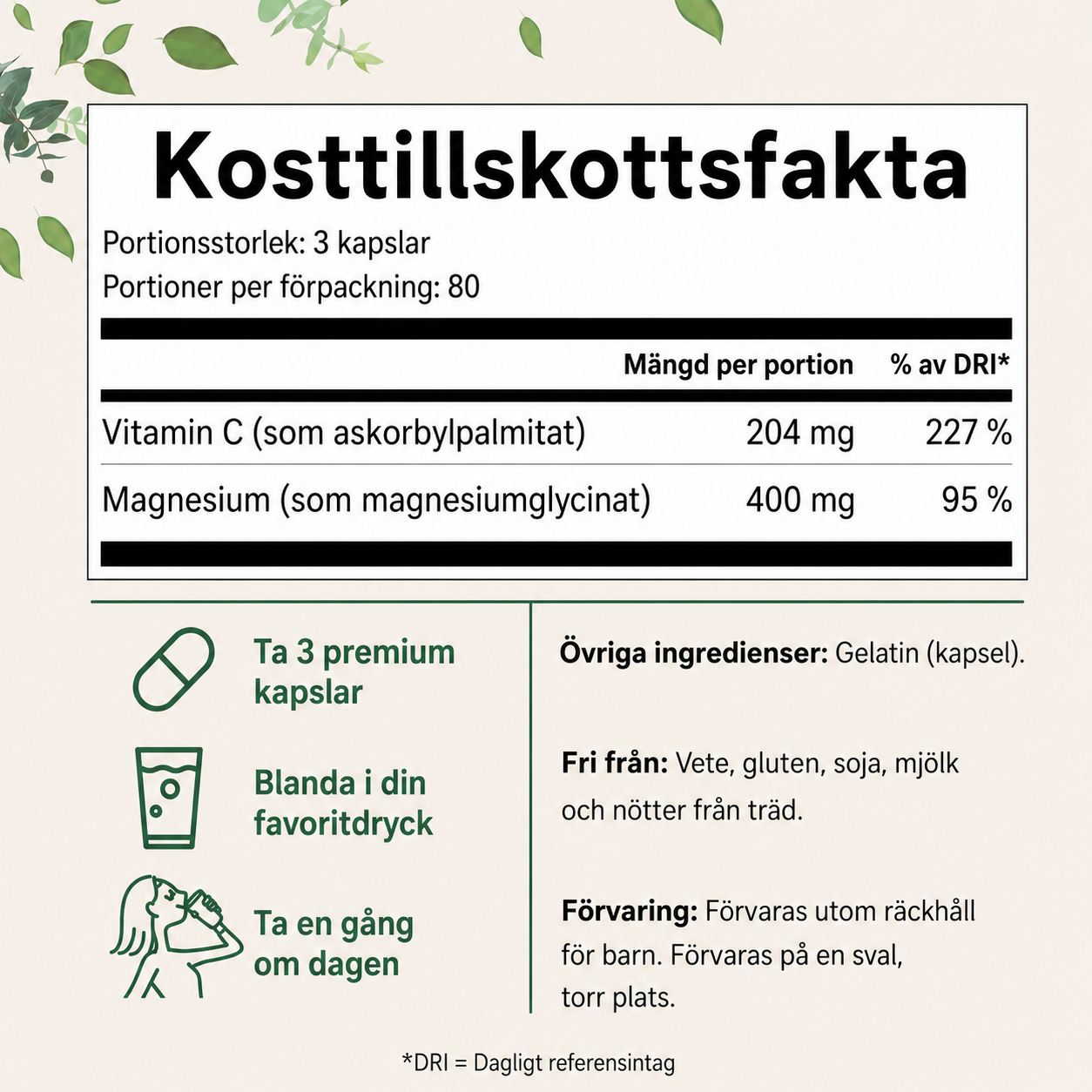 Magnesiumglycinat 400 mg – 240 Kapslar | Hög Biotillgänglighet