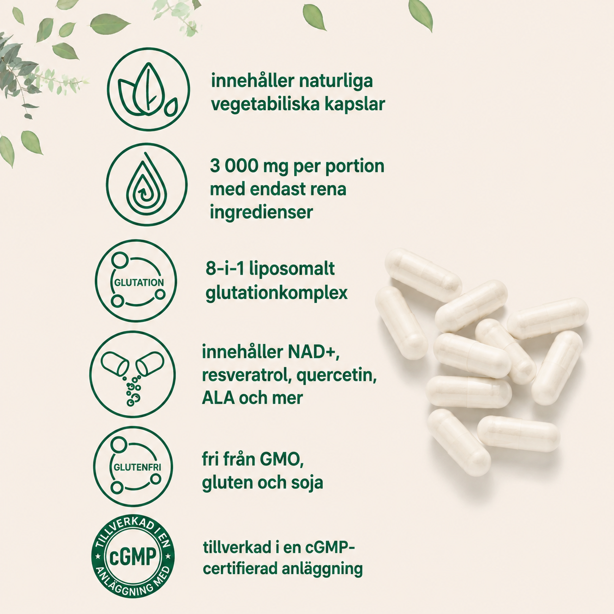 Liposomalt Glutationkomplex 3000 mg – NAD+, Resveratrol, Quercetin & ALA | 120 Vegetabiliska Kapslar