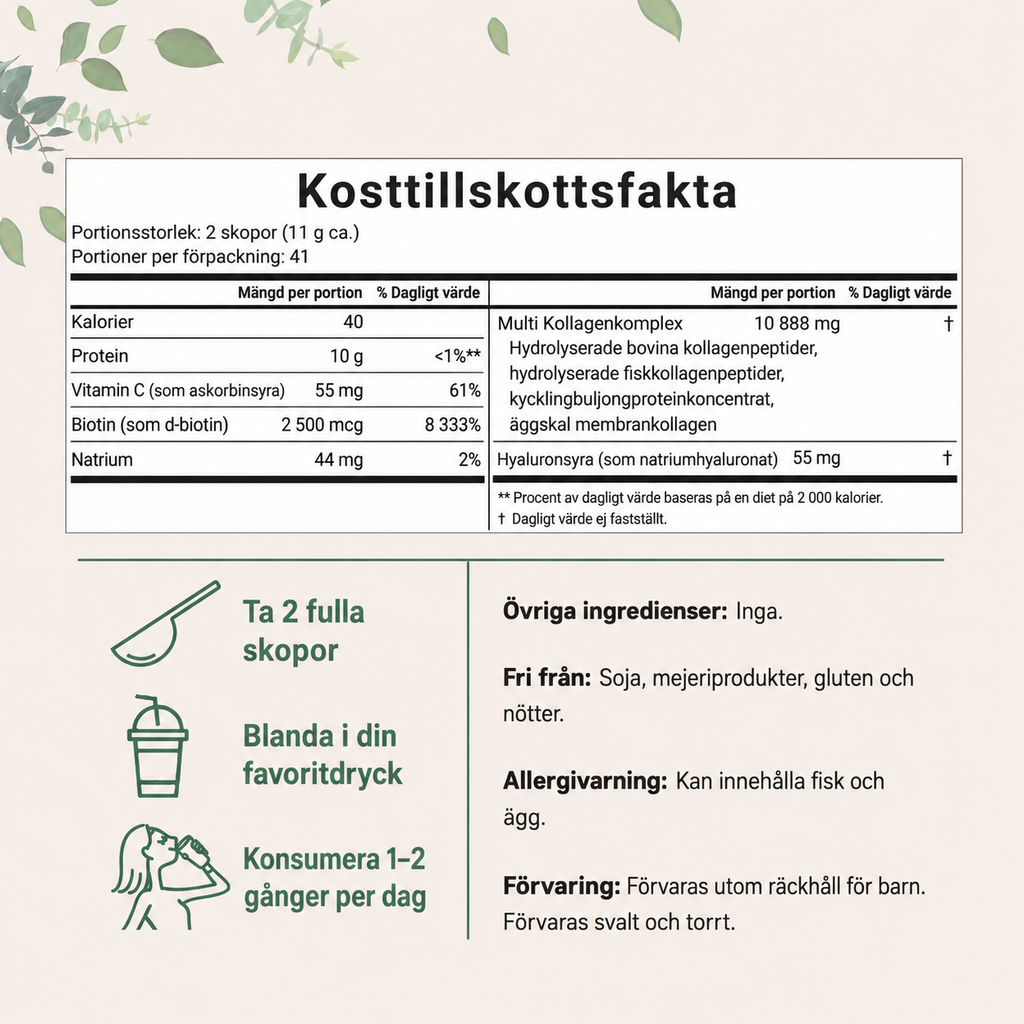 Multi Kollagenpeptider Pulver (Typ I, II, III, V och X) - Ej smaksatt - 454 g