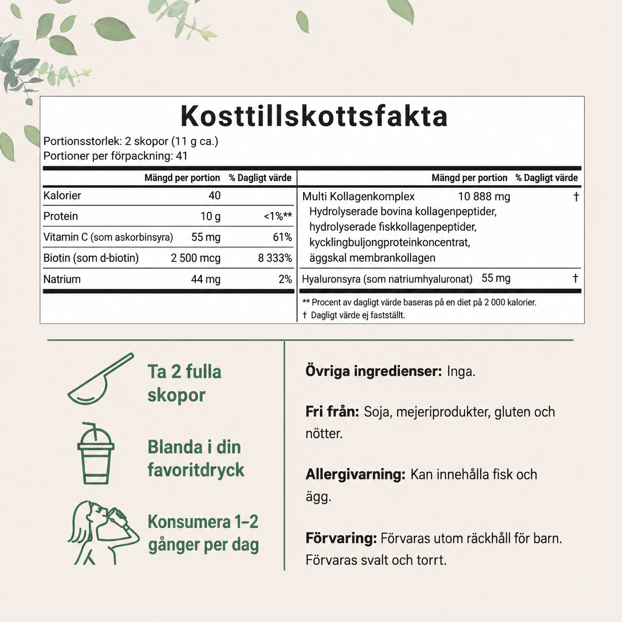 Multi Kollagenpeptider Pulver (Typ I, II, III, V och X) - Ej smaksatt - 454 g