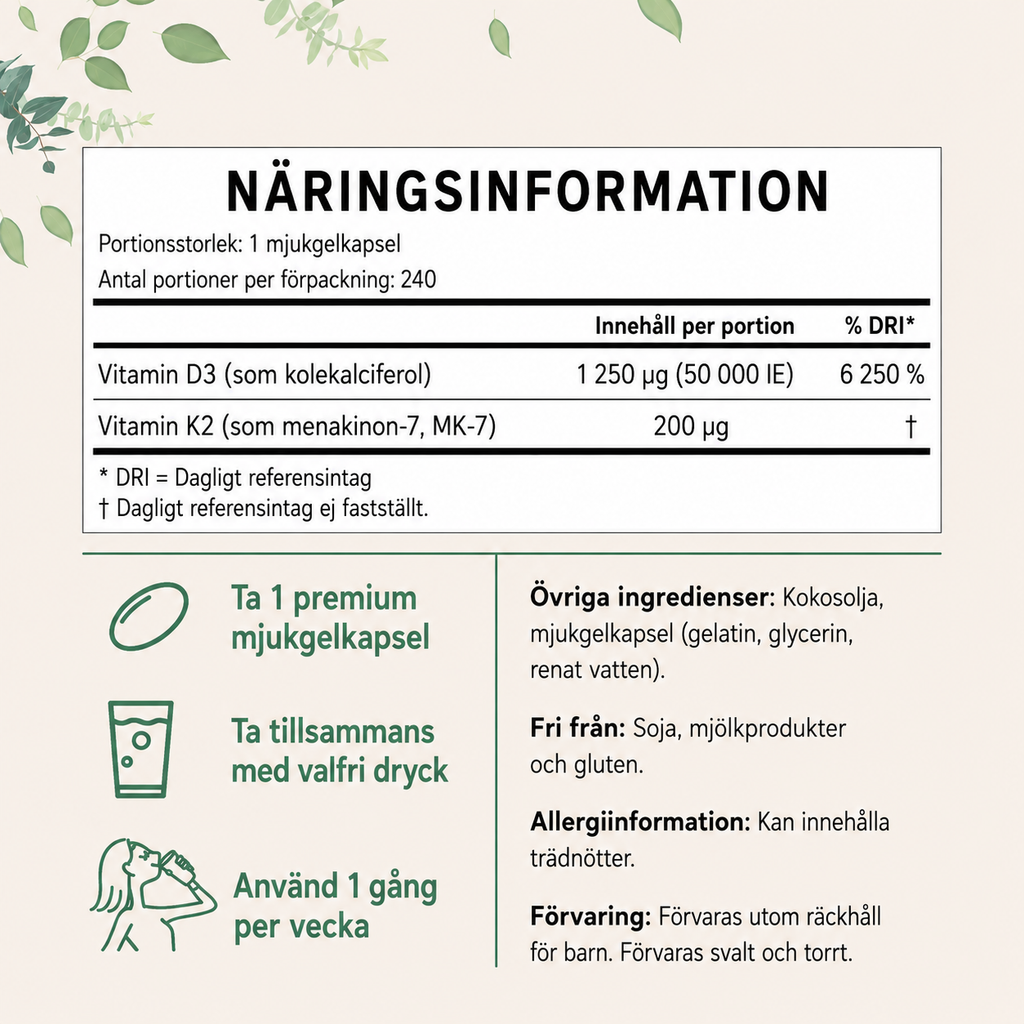 Vitamin D3 + K2 MK-7 – 50 000 IE / 200 µg - 240 Mjukgelkapslar