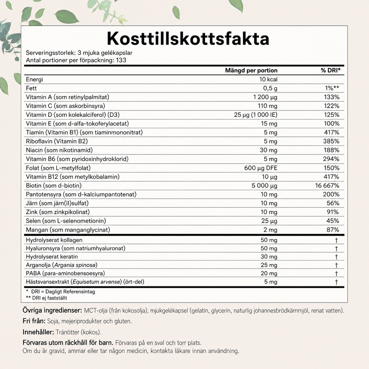 Hår, Hud & Naglar Komplex – 22-i-1 Formula med Biotin, Kollagen, Keratin & Hyaluronsyra | 400 mjukkapslar