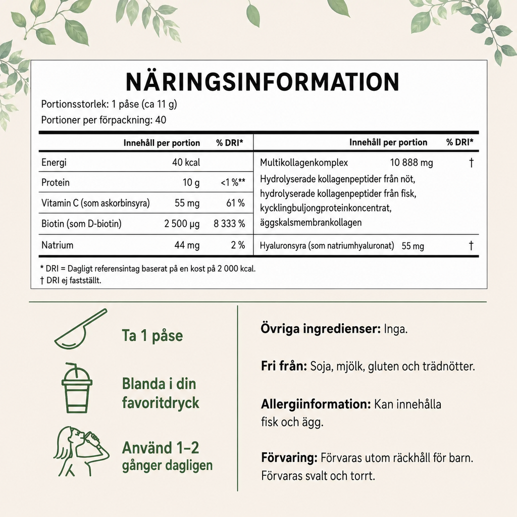 Multi Kollagenpeptider Portionspåsar – (Typ I, II, III, V & X) Ej smaksatt - 40x11g Portionspåsar