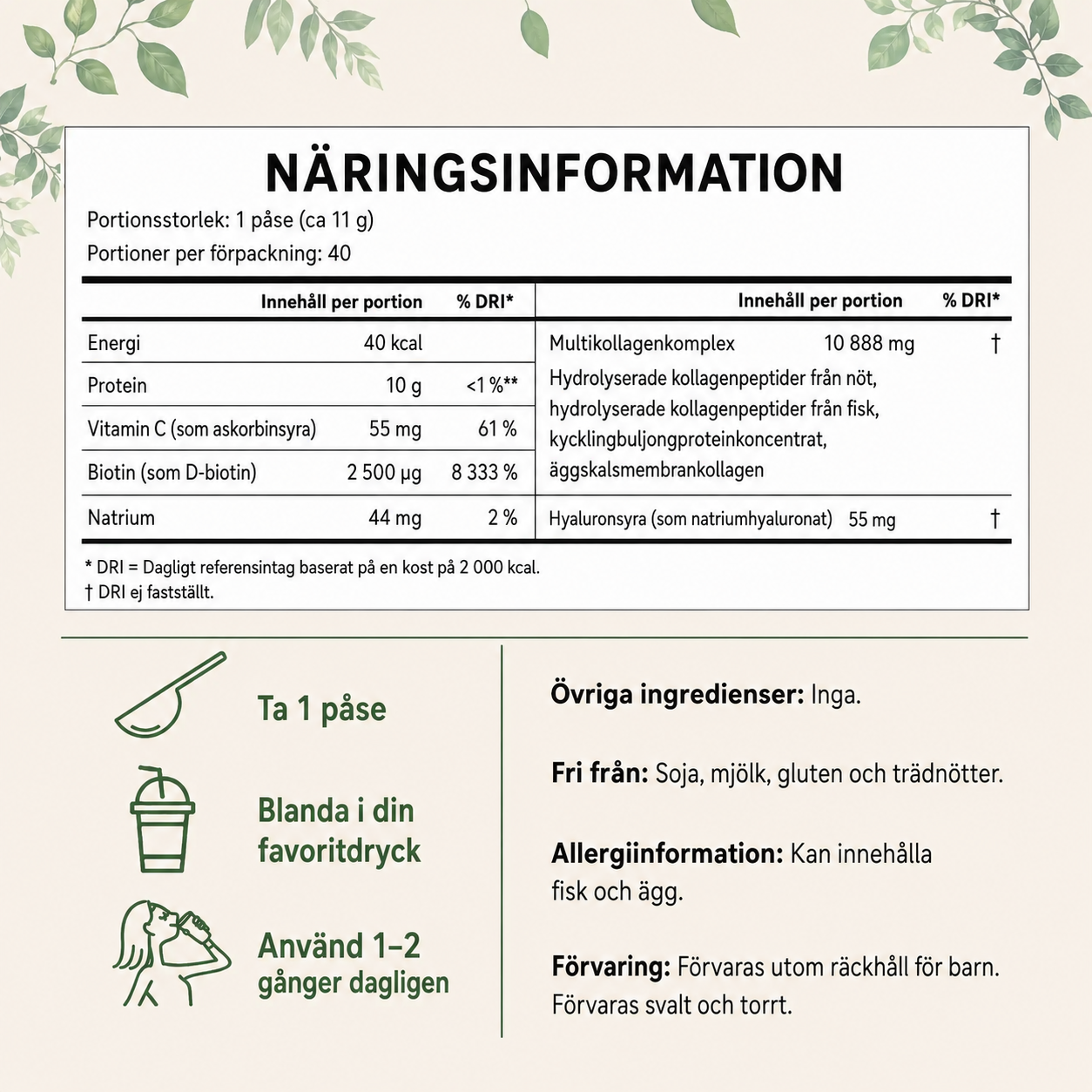 Multi Kollagenpeptider Portionspåsar – (Typ I, II, III, V & X) Ej smaksatt - 40x11g Portionspåsar