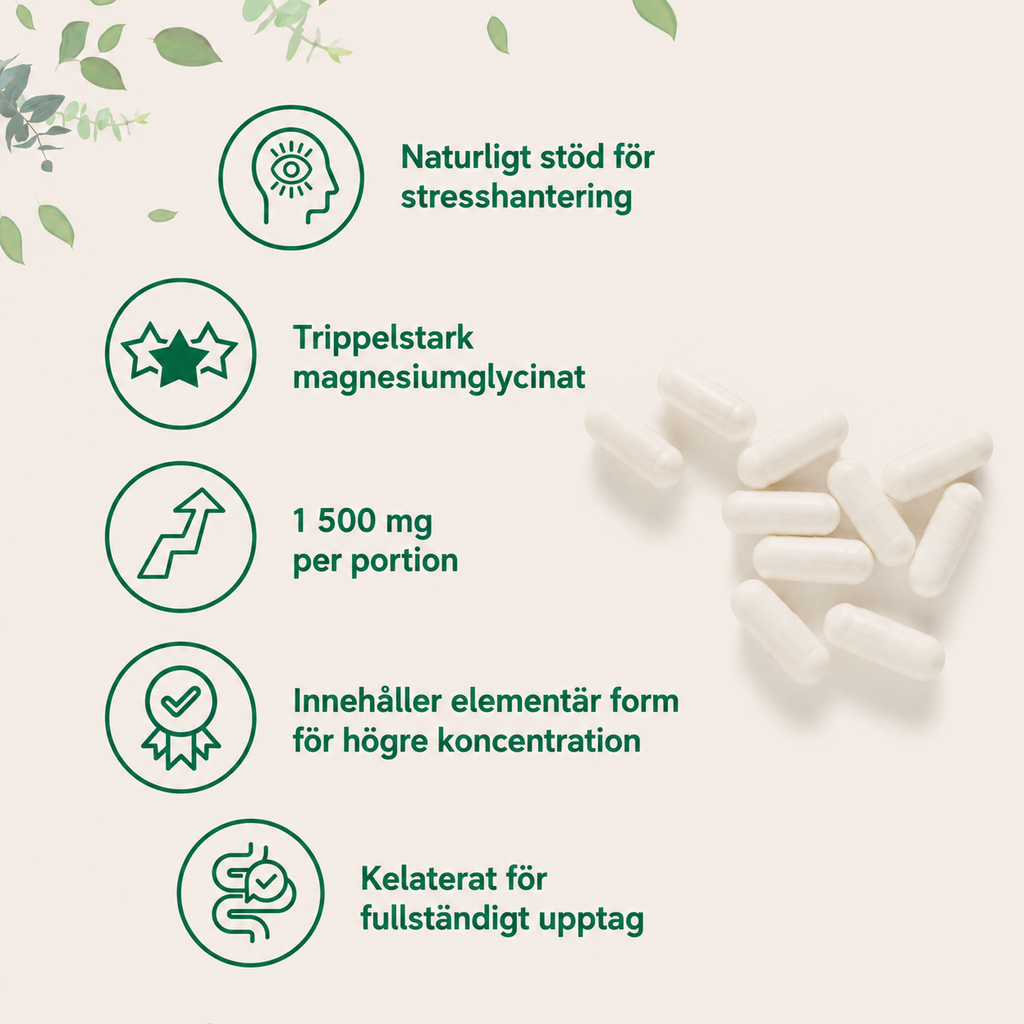 Magnesiumglycinat 1500 mg – Trippel Styrka | 240 Veganska Kapslar