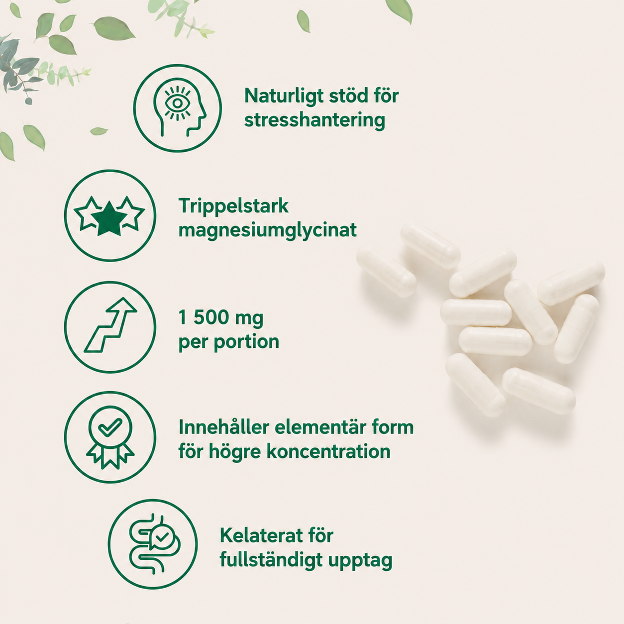 Magnesiumglycinat 1500 mg – Trippel Styrka | 240 Veganska Kapslar