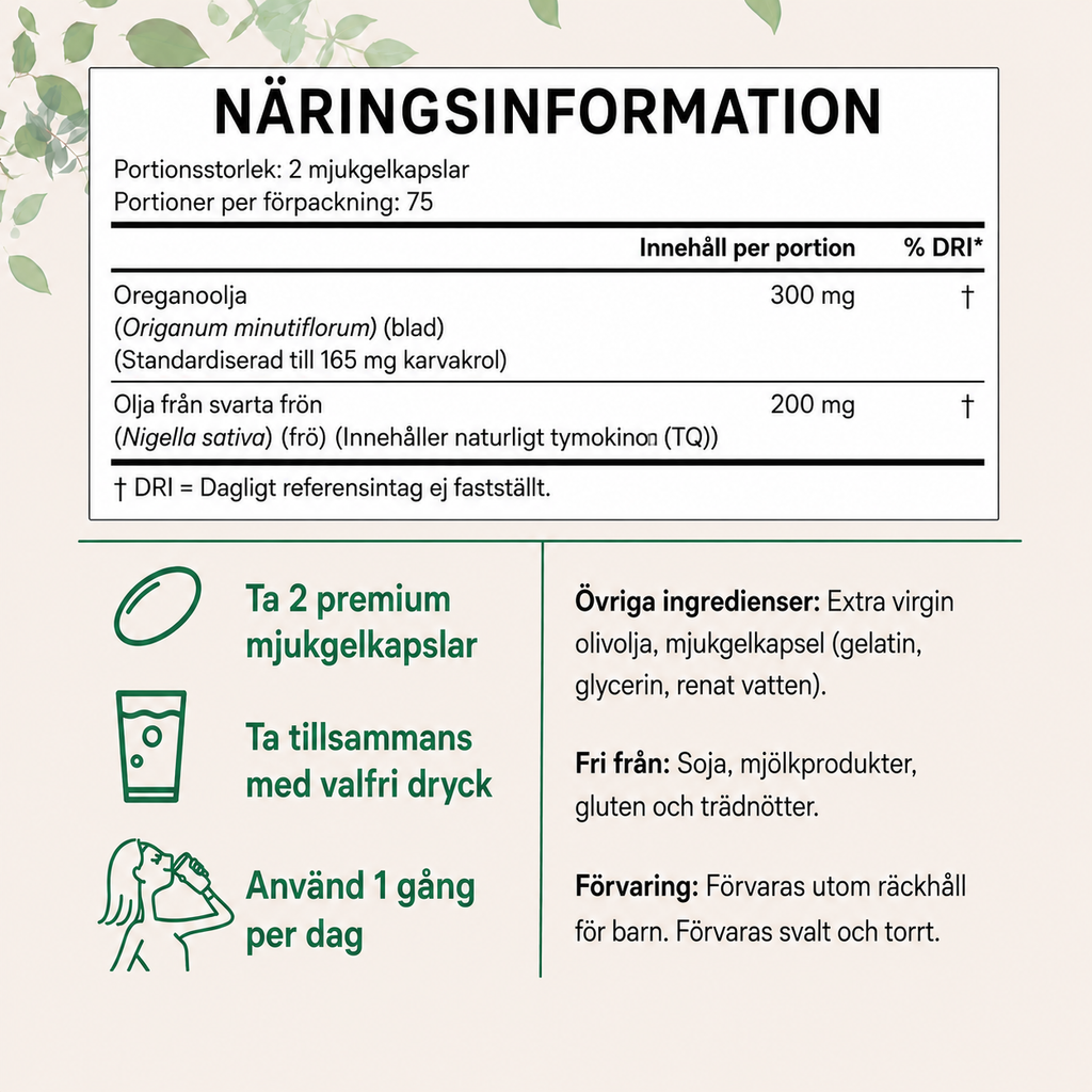 Oreganoolja med Svartfröolja – 150 Mjukgelkapslar | Oreganoextrakt & Karvakrol