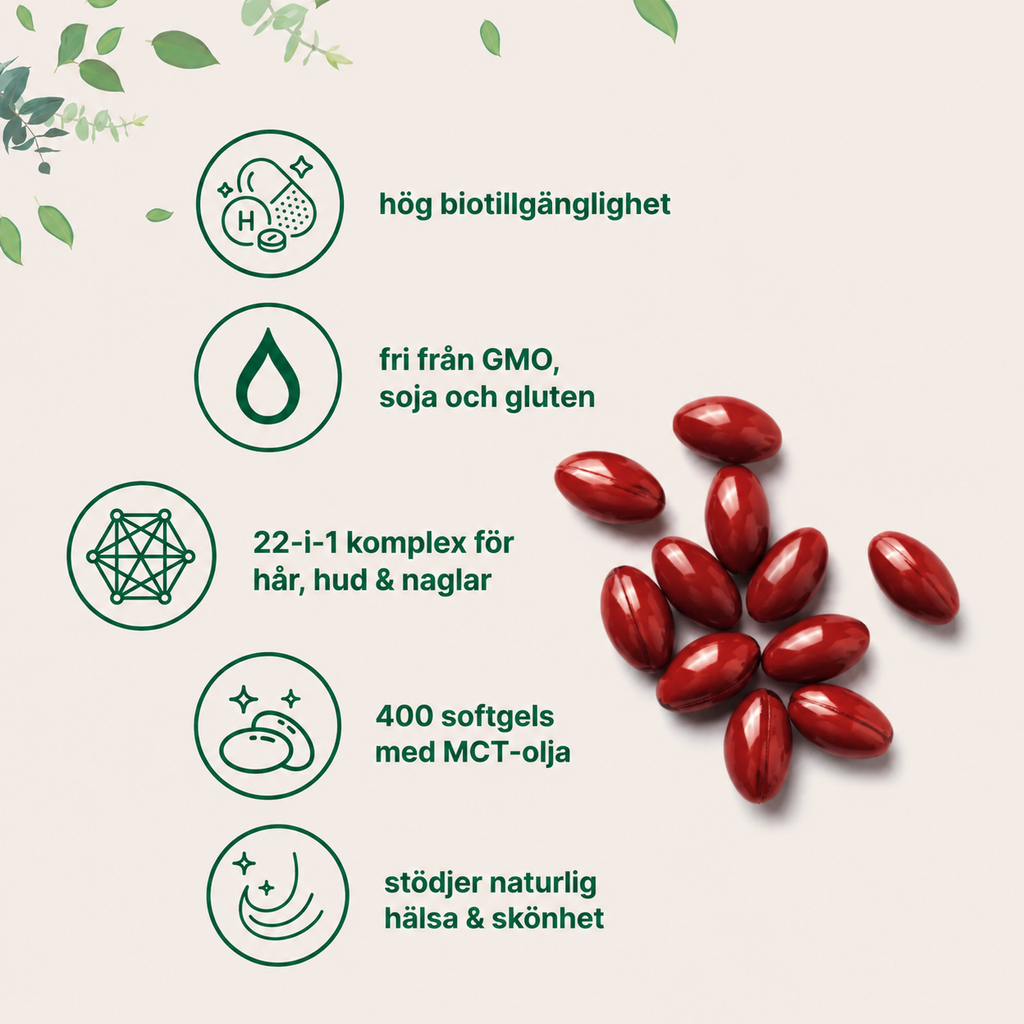Hår, Hud & Naglar Komplex – 22-i-1 Formula med Biotin, Kollagen, Keratin & Hyaluronsyra | 400 mjukkapslar