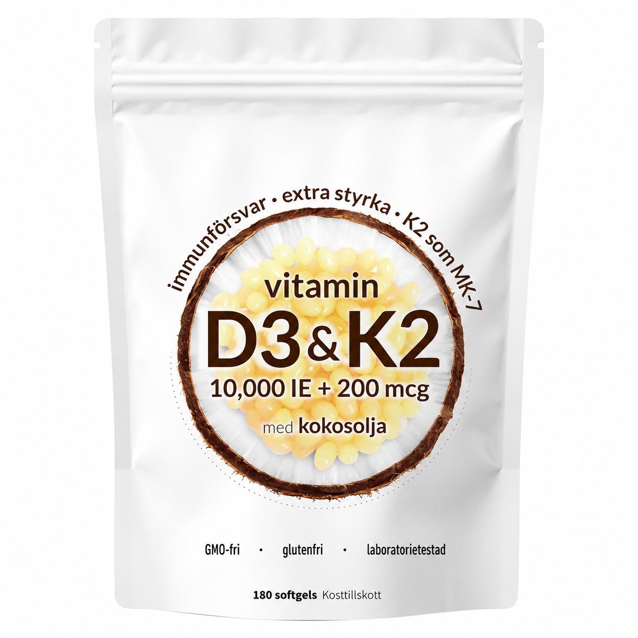 Vitamin D3 + K2 MK-7 Extra Styrka – 10 000 IE D3 & 200 µg K2 – 180 Mjukgelkapslar