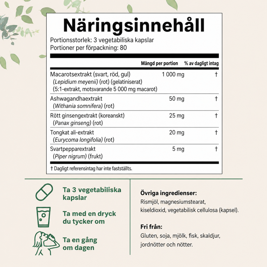 Maca 5000 mg – 240 Veganska Kapslar | Ashwagandha, Ginseng & Tongkat Ali