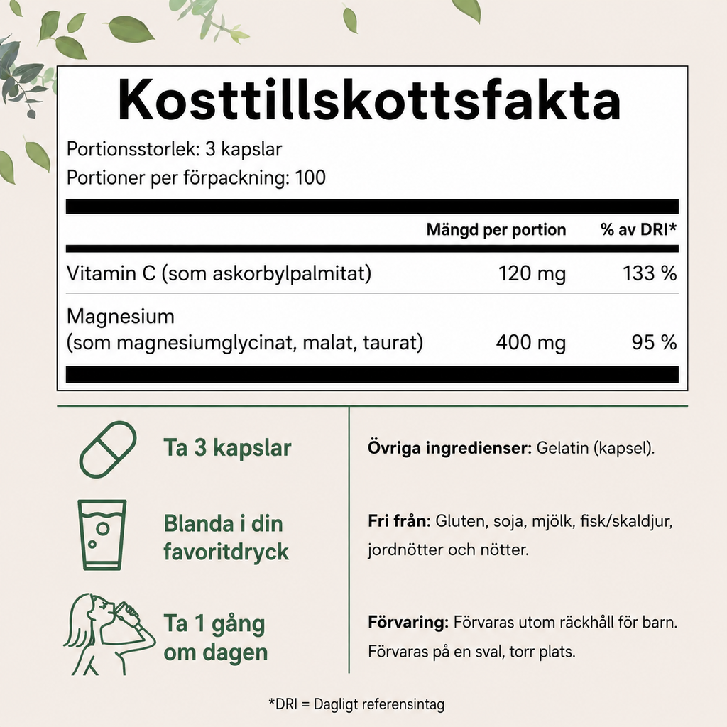 Trippel Magnesium 400 mg – Magnesiumglycinat, Magnesiummalat & Magnesiumtaurat | 300 Kapslar