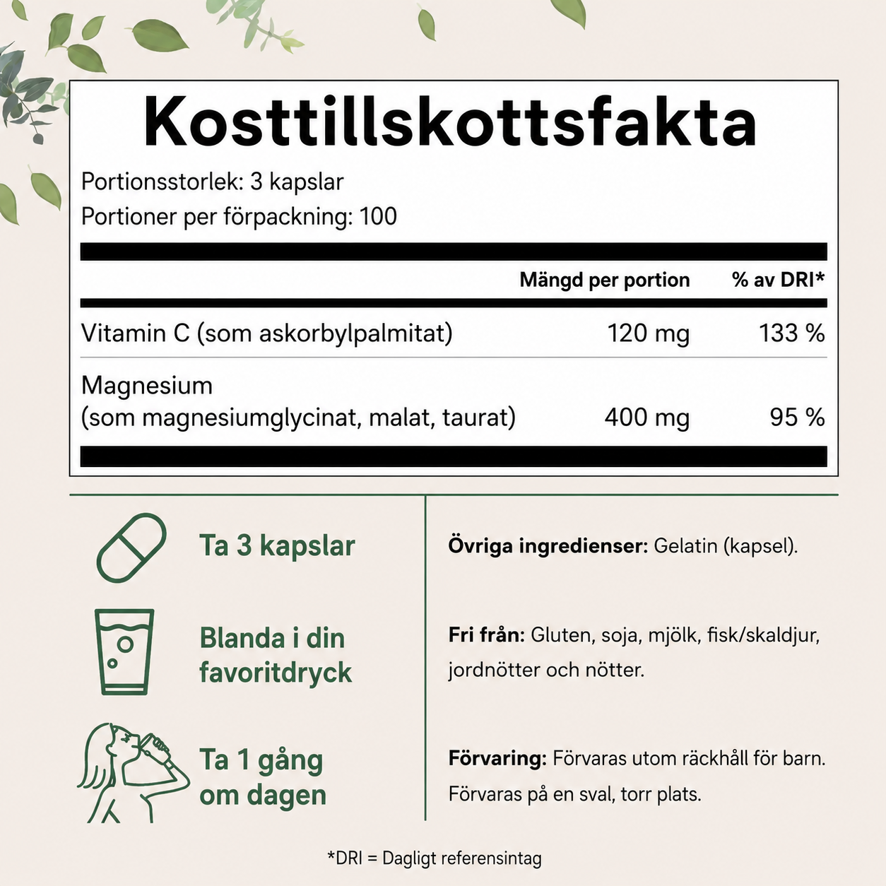 Trippel Magnesium 400 mg – Magnesiumglycinat, Magnesiummalat & Magnesiumtaurat | 300 Kapslar