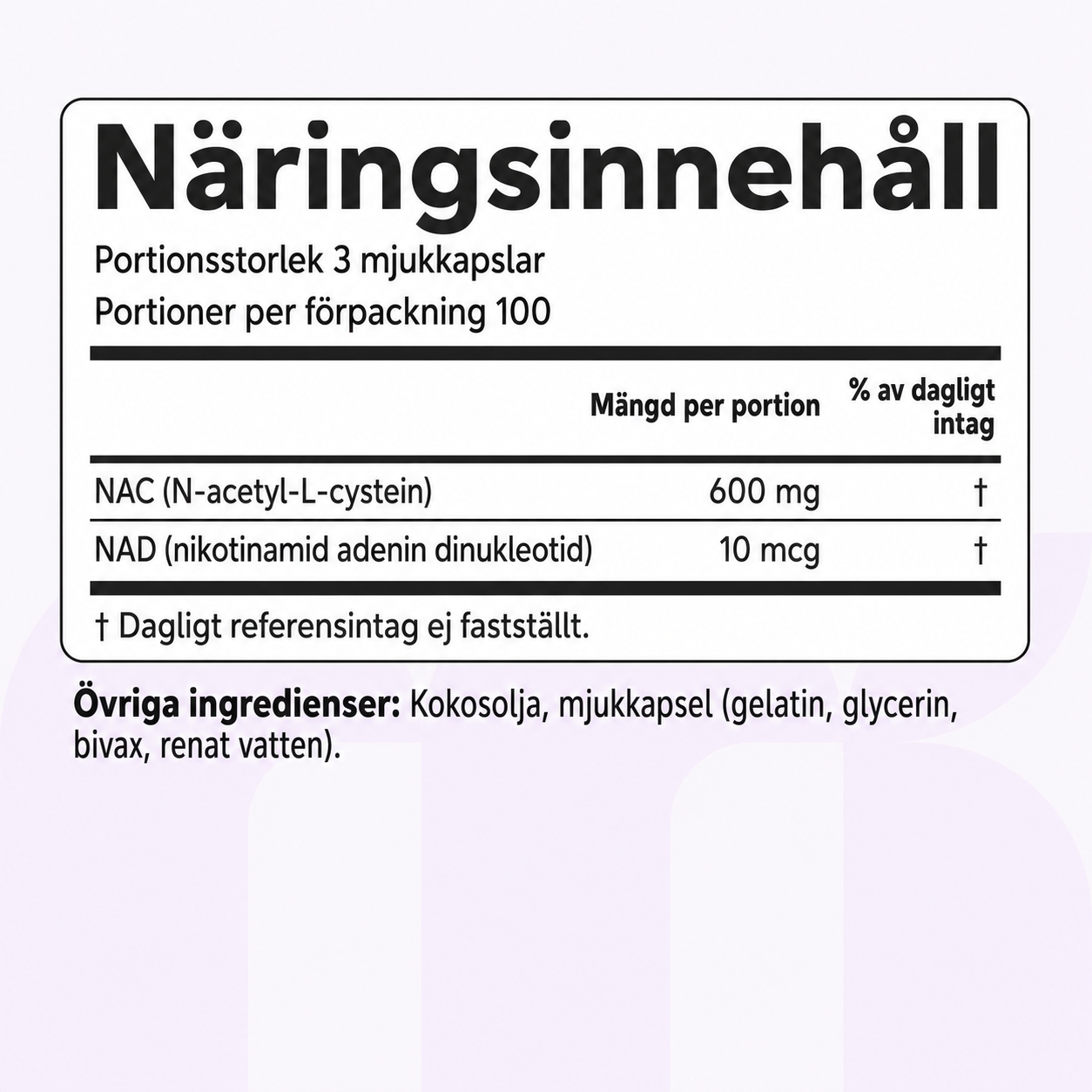 NAC 600 mg med NAD+ och kokos-MCT-olja – 300 mjukkapslar