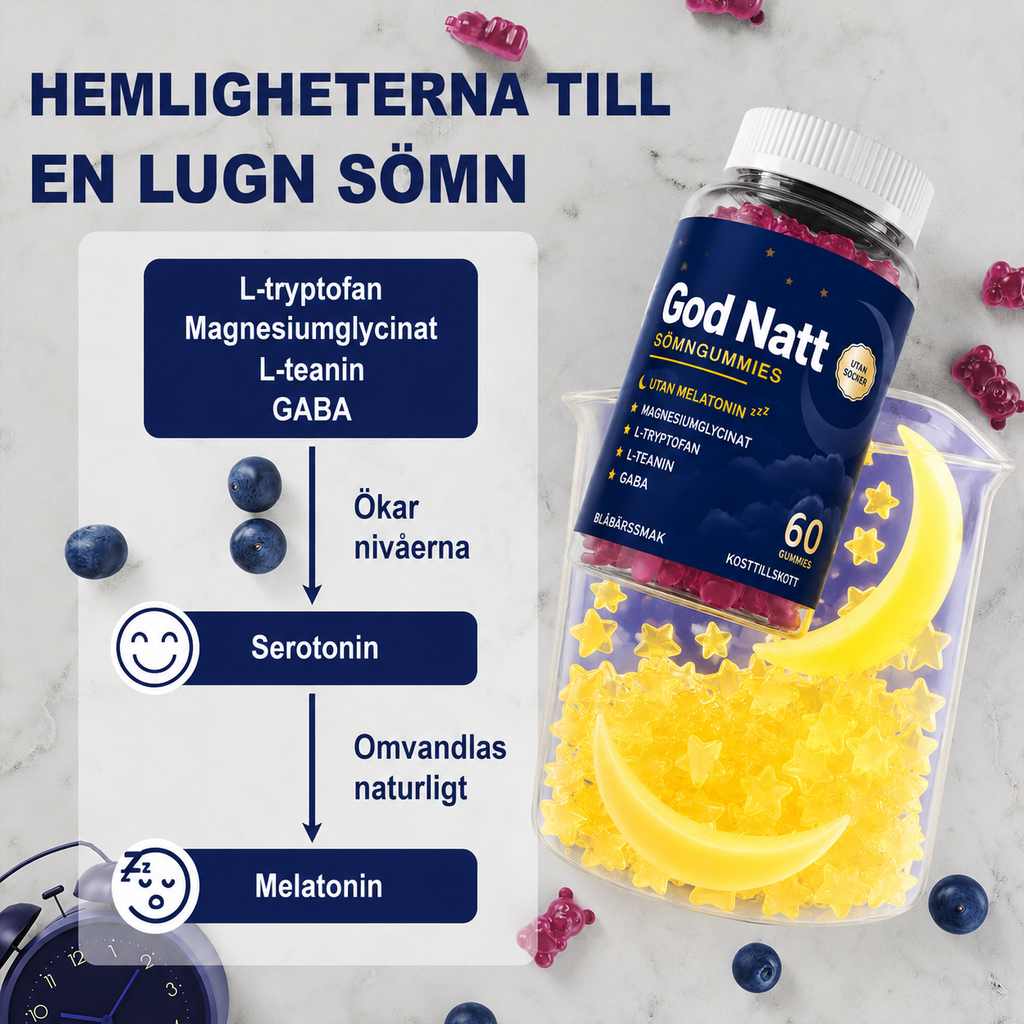 God Natt - Snabbverkande nattformula, Magnesium, GABA & L-Tryptofan, Kamomill, Ashwagandha - 60 Sockerfria gummies
