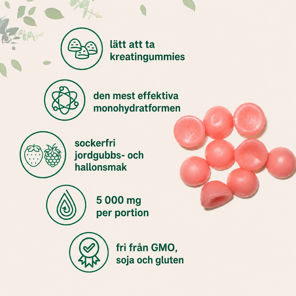 Kreatin Monohydrat Gummies 5000 mg – Sockerfria Jordgubb & Hallon | 120 Gummies