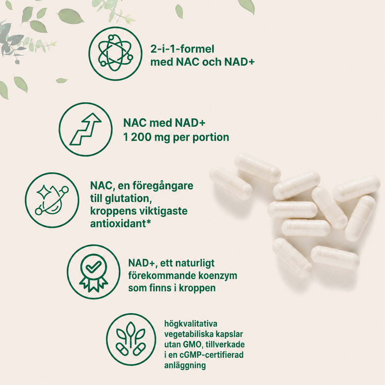NAC med NAD+ 1200 mg – 240 vegetabiliska kapslar