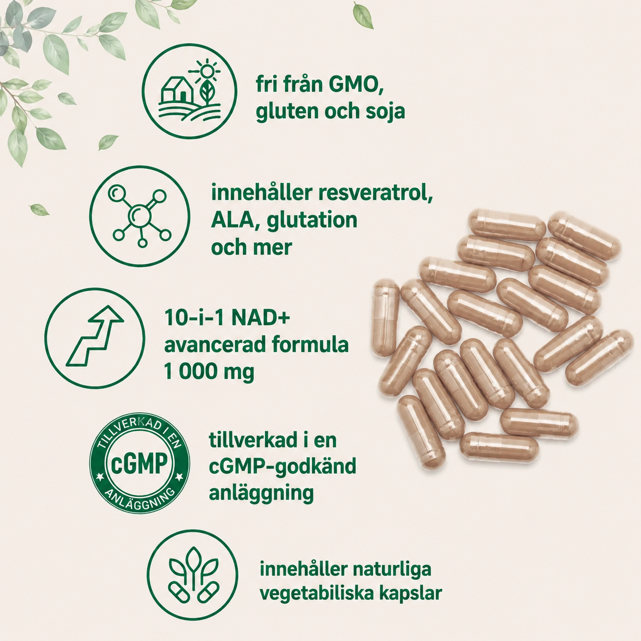 Liposomalt NAD+ Ultimate 1000 mg – 10-i-1 NAD+ Kompleks med Resveratrol, Glutathion, ALA & Astaxanthin | 60 Veganske Kapsler