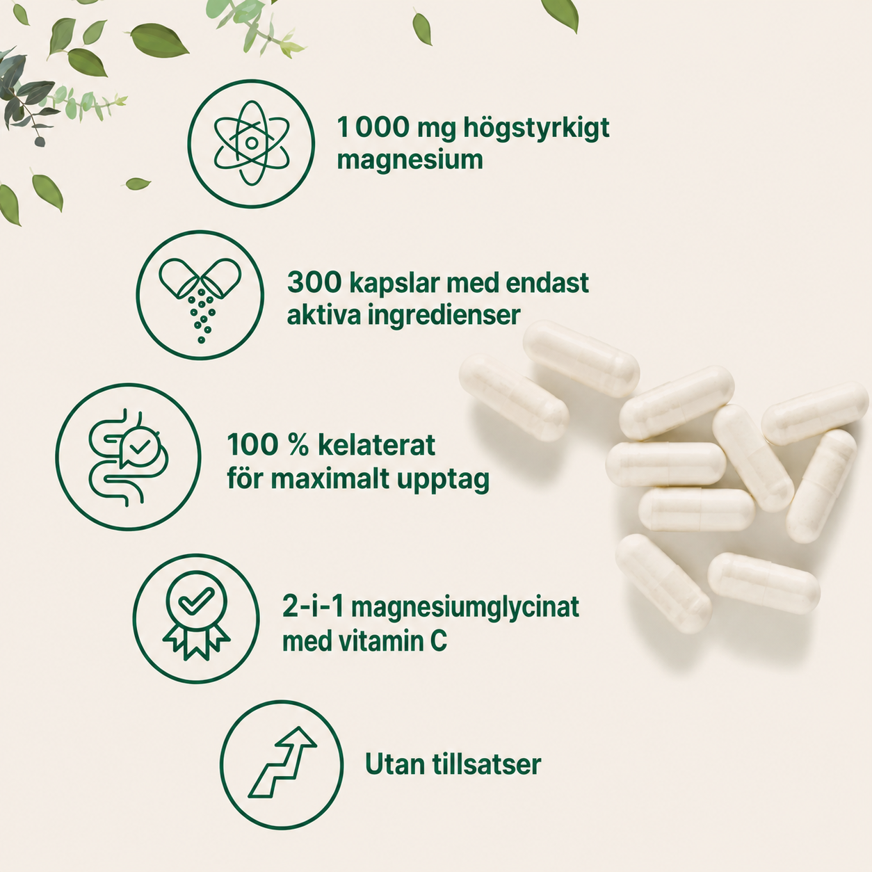 Magnesiumglycinat 1000 mg med Vitamin C – 300 Kapslar | Högupptagligt Magnesium