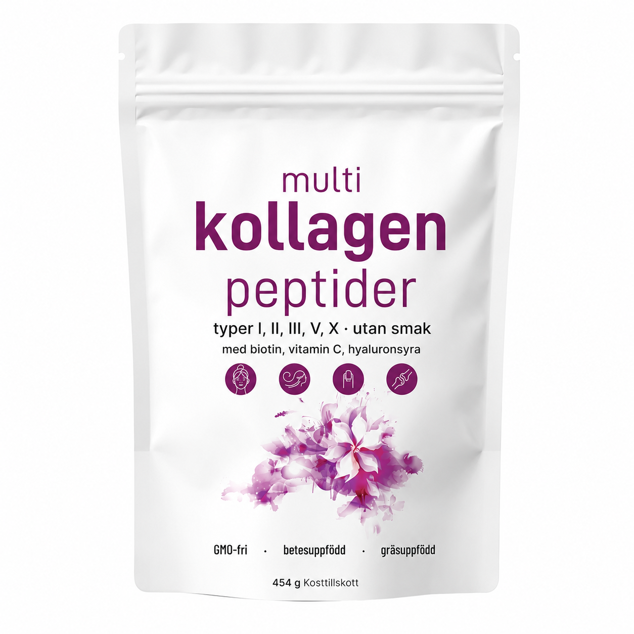 Multi Kollagenpeptider Pulver (Typ I, II, III, V och X) - Ej smaksatt - 454 g