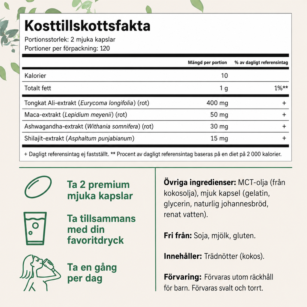 Tongkat Ali+ För Män – MCT-olja, Maca, Ashwagandha & Shilajit | 240 Softgels