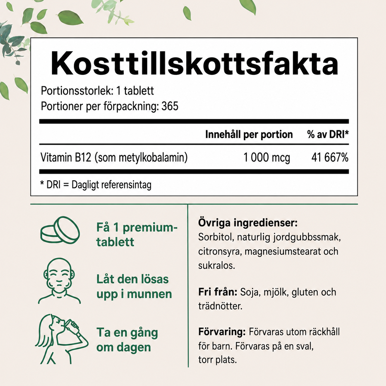 Vitamin B12 1000 mcg Metylkobalamin – 365 Tuggtabletter | 1 Års Förbrukning