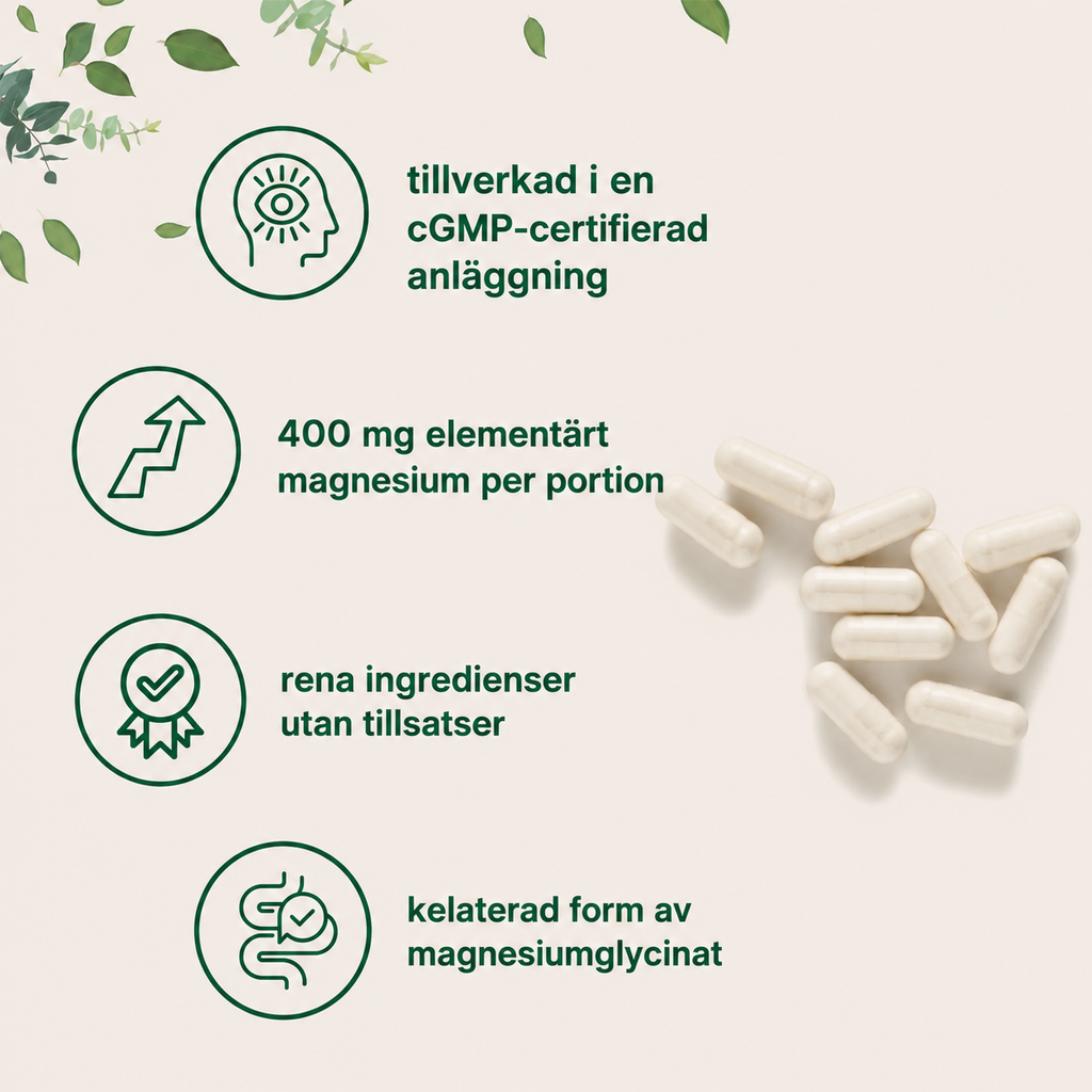 Magnesiumglycinat 400 mg – 240 Kapslar | Hög Biotillgänglighet
