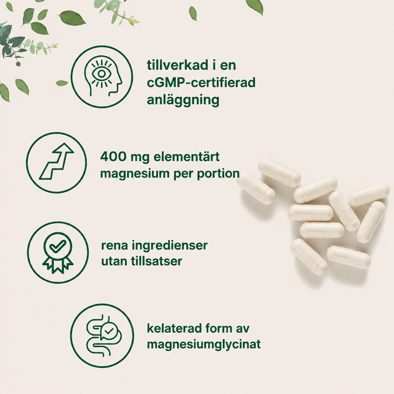 Magnesiumglycinat 400 mg – 240 Kapslar | Hög Biotillgänglighet