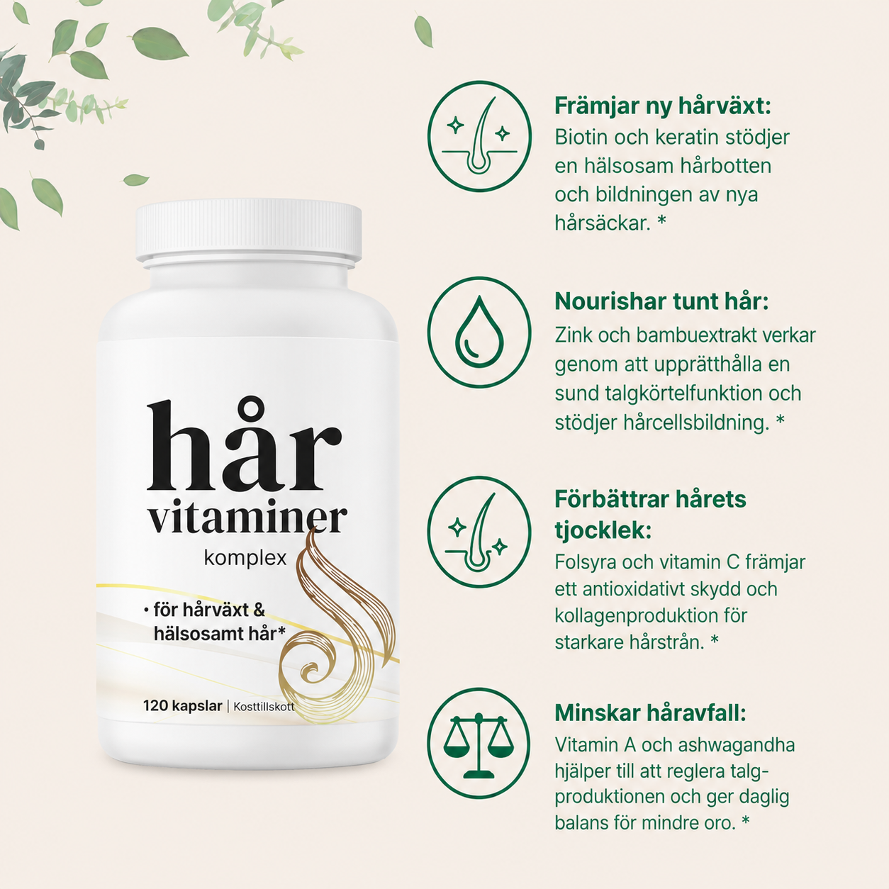 Hårvitaminer Komplex – 13-i-1 Formula med Biotin, Kollagen & Keratin | 120 Kapslar