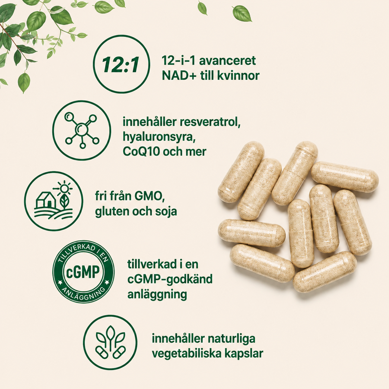 NAD+ 300 mg Komplex med Resveratrol 180 Kapslar