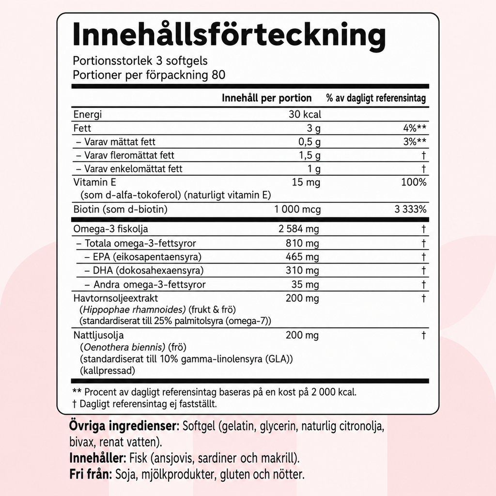Omega-3 Komplex för Kvinnor 3000 mg – Med EPA, DHA, Havtornsolja & Jättenattljusolja | 240 mjukkapslar