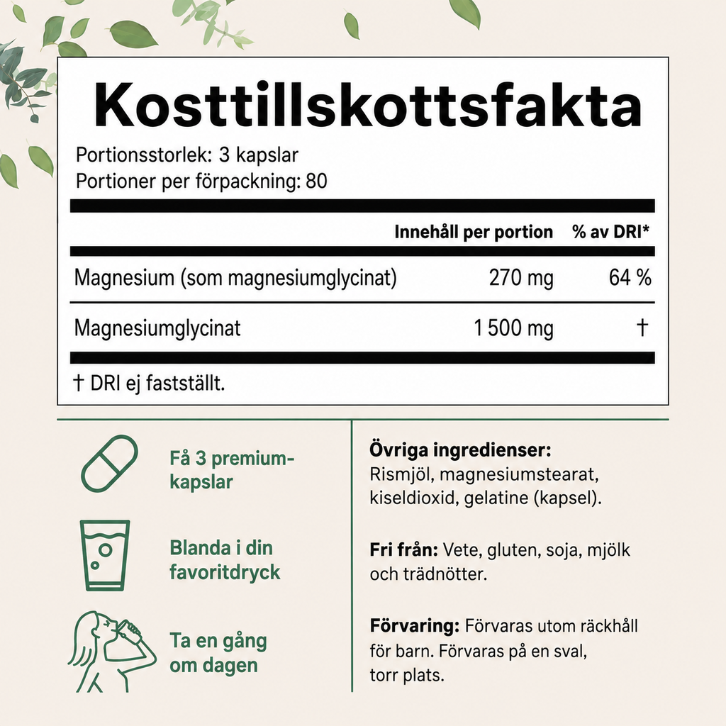Magnesiumglycinat 1500 mg – Trippel Styrka | 240 Veganska Kapslar