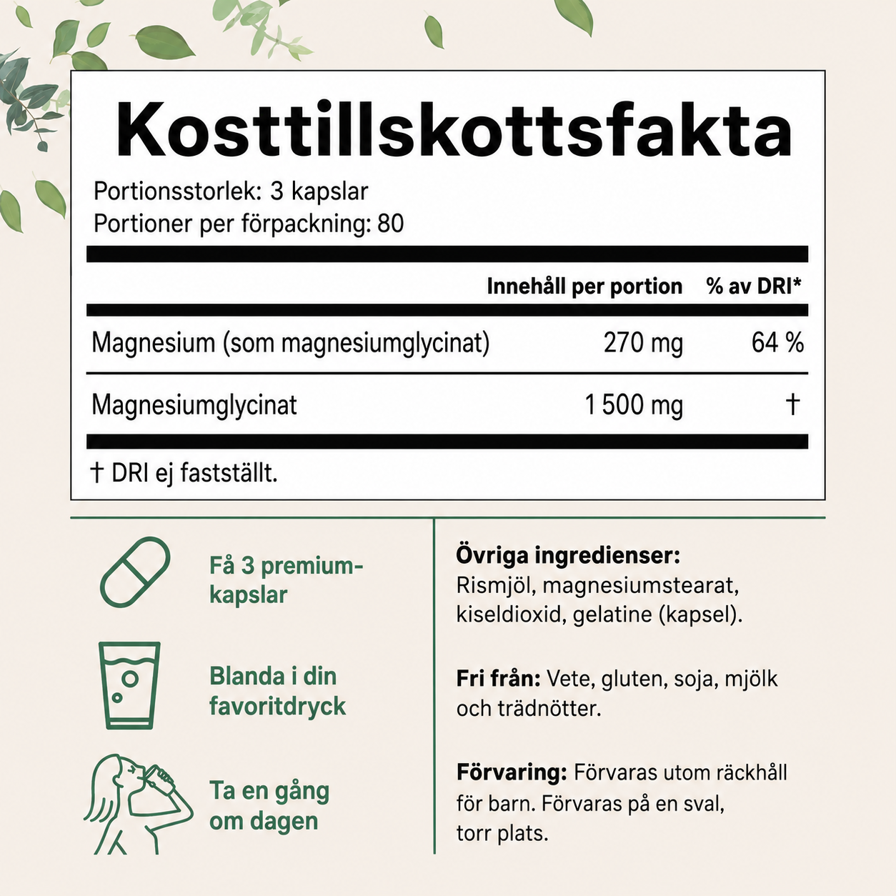 Magnesiumglycinat 1500 mg – Trippel Styrka | 240 Veganska Kapslar