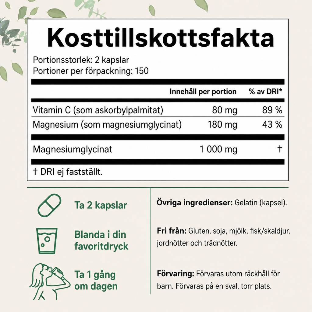 Magnesiumglycinat 1000 mg med Vitamin C – 300 Kapslar | Högupptagligt Magnesium