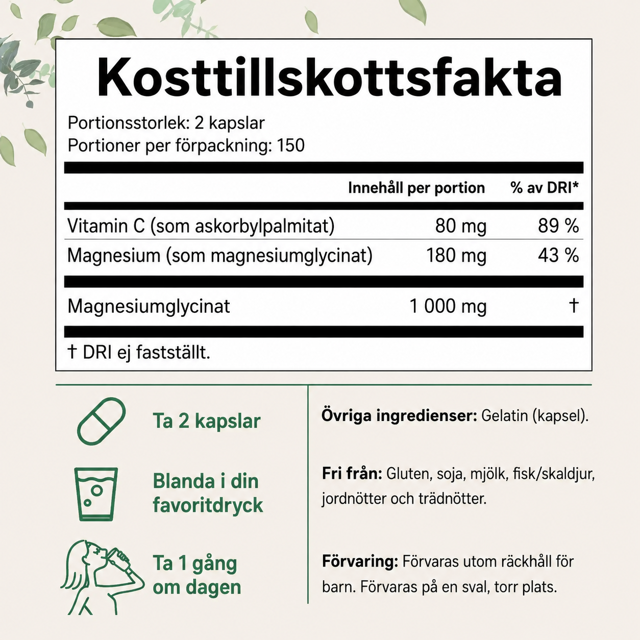 Magnesiumglycinat 1000 mg med Vitamin C – 300 Kapslar | Högupptagligt Magnesium