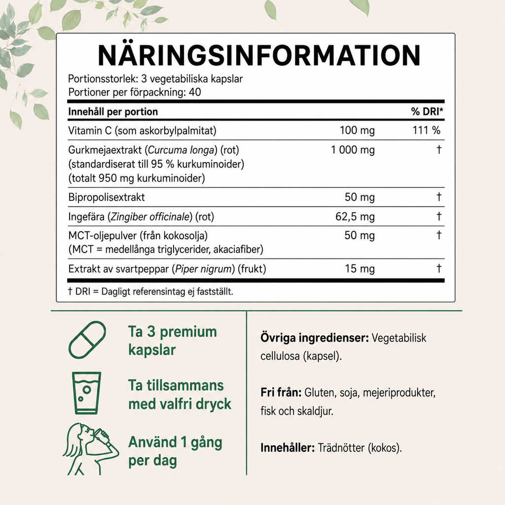 Gurkmeja Curcumin 95® 1000 mg – Avancerat 6-i-1 Komplex med 95% Curkuminoider, MCT-Olja, Svartpeppar & Ingefära | 120 Veganska Kapslar