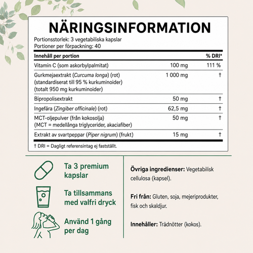Gurkemeje Curcumin 95® 1000 mg – Avanceret 6-i-1 Kompleks med 95% Curcuminoider, MCT-Olie, Sort Peber & Ingefær | 120 Veganske Kapsler