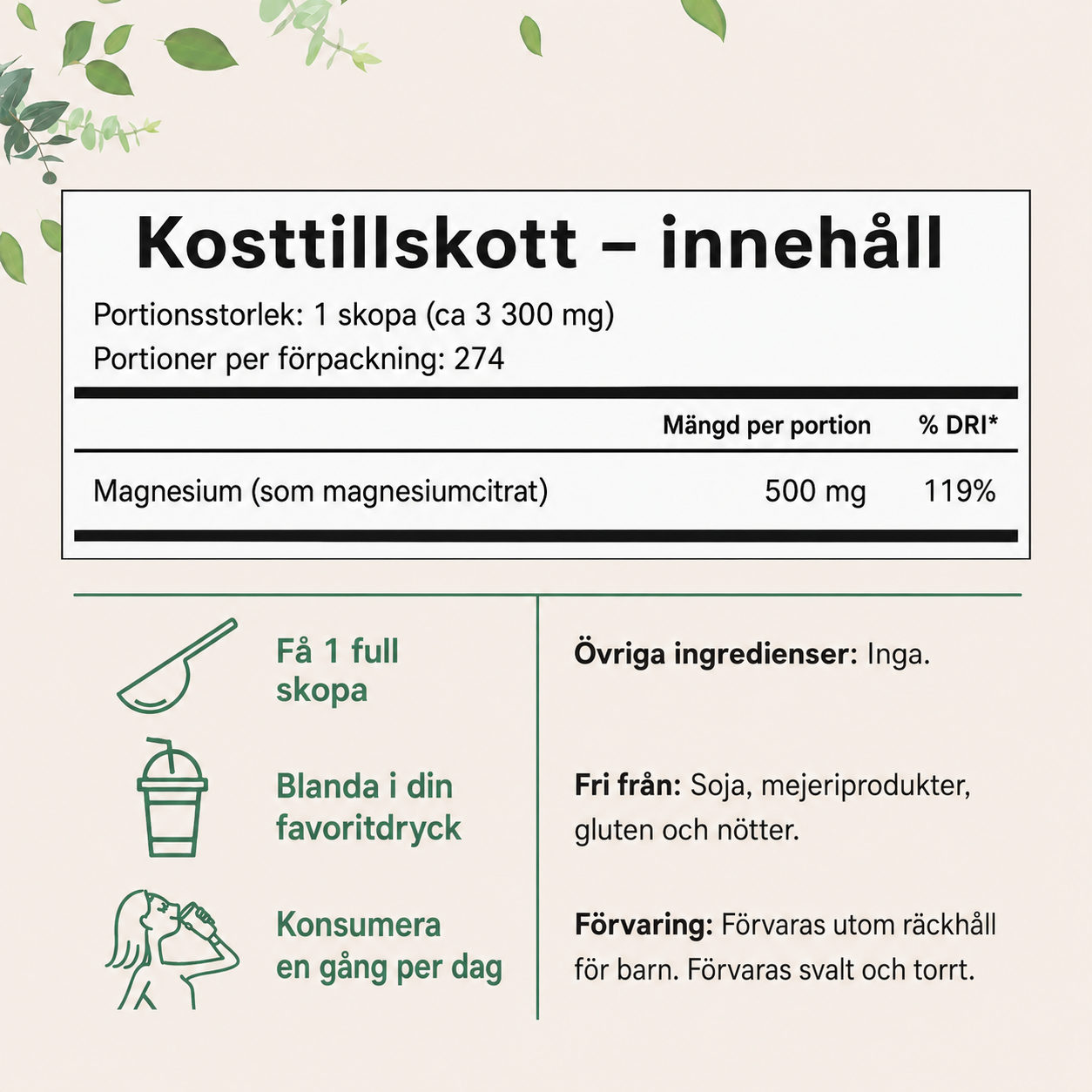 Magnesiumcitrat Pulver 907 g – Högupptagligt Magnesium | 500 mg per Portion